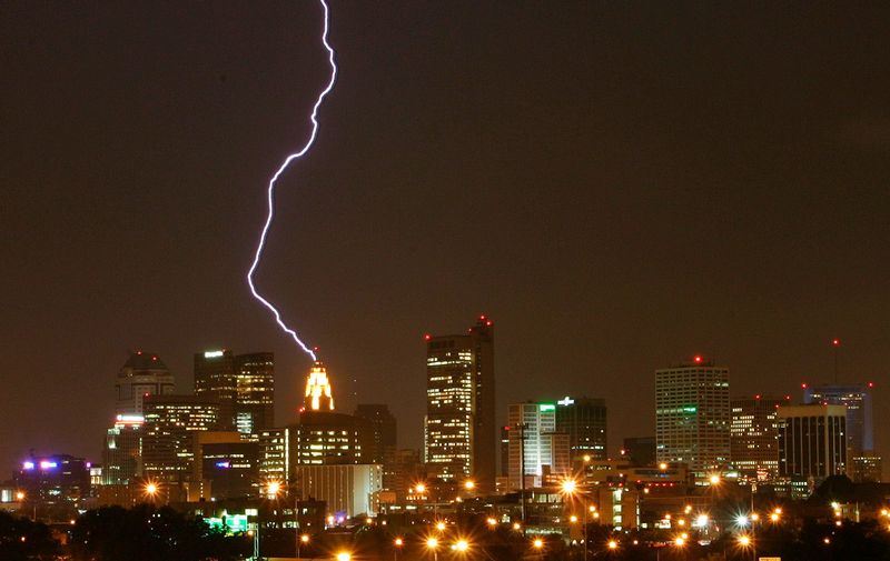 A bolt of lightning strikes the LeVeque Tower, 50 W. Broad St., in downtown Columbus late Tuesday night May 18, 2004 as thunderstorms rolled through the area, causing localized flooding, auto accidents and some power outages.