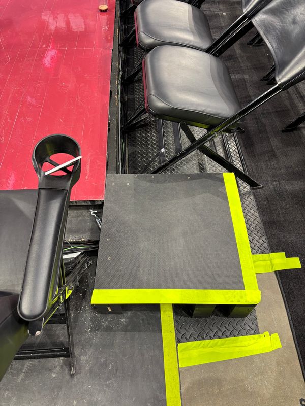 A riser next to one of the corners of the court at Rocket Arena, the home of the Cleveland Cavaliers.