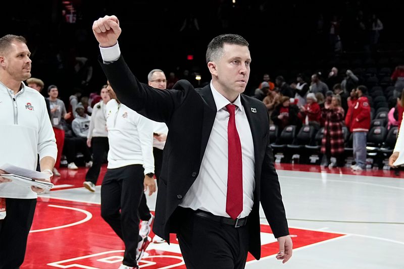 Ohio State coach Jake Diebler celebrates following a win over USC on Feb. 11.