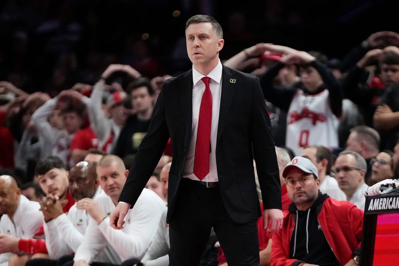 Ohio State Buckeyes head coach Jake Diebler watches during the first half of the NCAA men's basketball game against the USC Trojans at the Schottenstein Center on Feb. 11, 2026. Ohio State won 89-82.