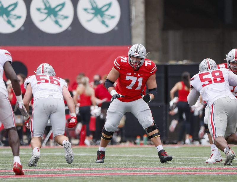 Team Brutus offensive tackle Ben Christman (71) during the Ohio State Buckeyes football spring game at Ohio Stadium in Columbus on Saturday, April 17, 2021.