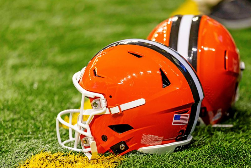 Sep 28, 2025; Detroit, Michigan, USA; A general view of the Cleveland Browns helmets on the field before the game against the Detroit Lions at Ford Field. Mandatory Credit: David Reginek-Imagn Images