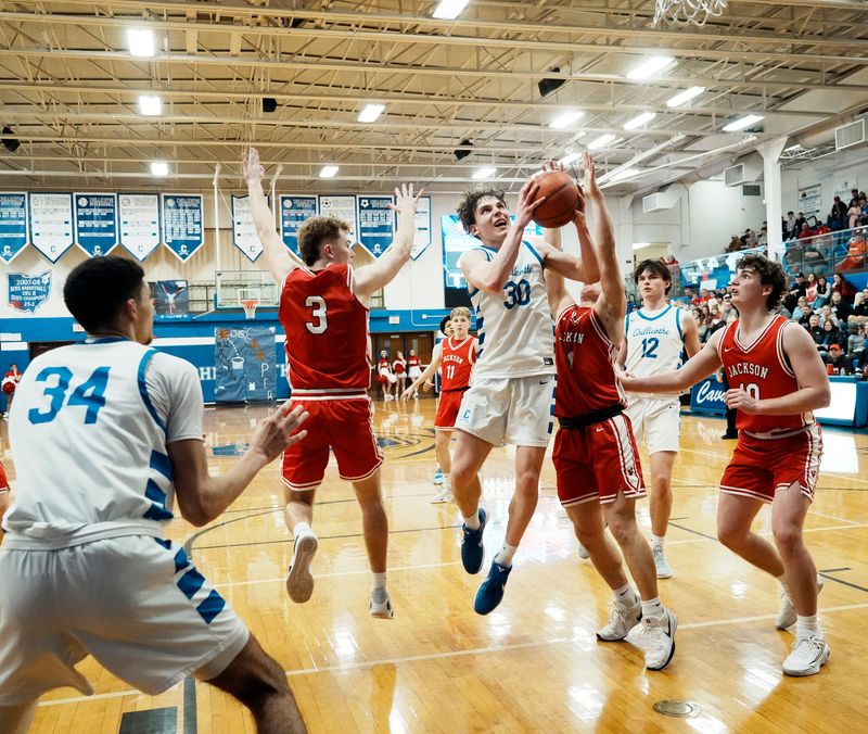Chillicothe's Cooper Stoneking (30) goes up for a shot against Jackson on Feb. 13, 2026, at Chillicothe High School.