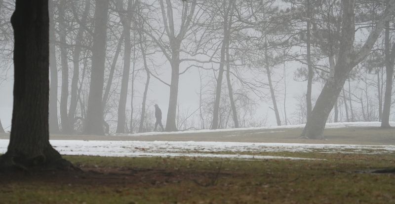 A lone figure walks though the fog at Sharon Woods Metro Park in Westerville February 16, 2026.