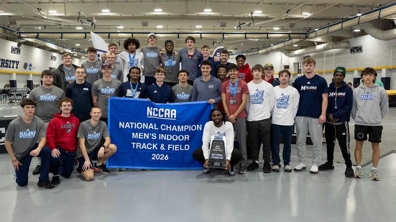 The Malone University men's track and field team celebrates its first NCCAA indoor national championship in 27 years.