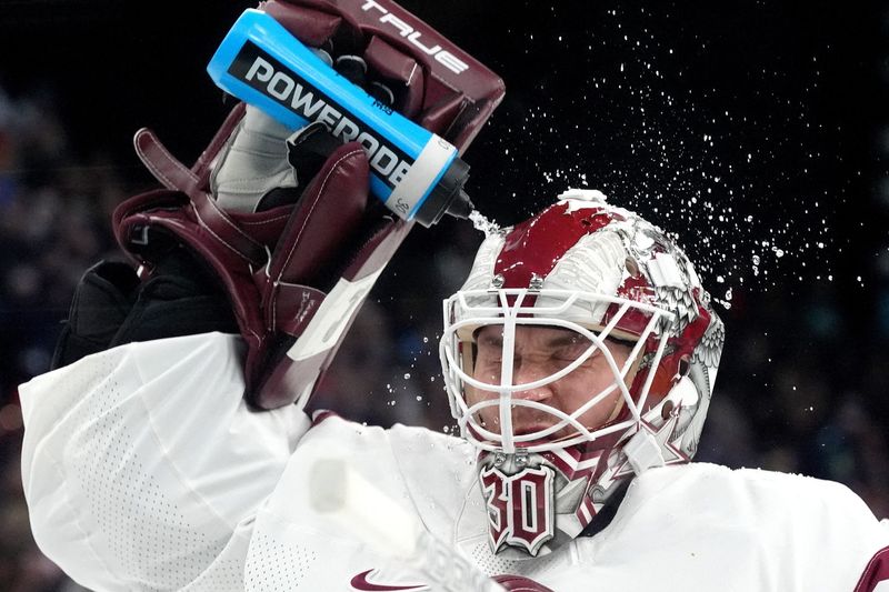 Elvis Merzlikins of Latvia before the match against Sweden on Feb. 17.