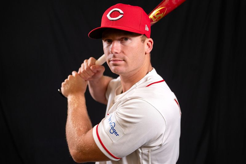 Cincinnati Reds infielder Matt McLain (9) poses for a portrait during the Cincinnati Reds picture day, Tuesday, Feb. 17, 2026, at the Cincinnati Reds player development complex in Goodyear, Ariz.