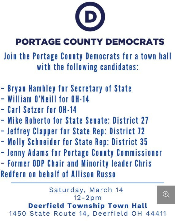 Portage County Democrats will host a town hall March 14 in Deerfield.