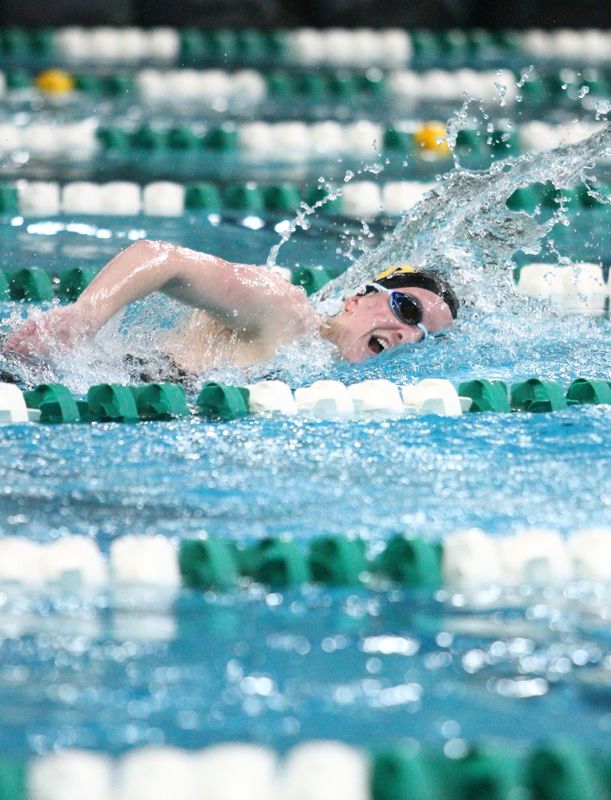 Watkins Memorial's Olivia Crock swims in the 500-yard freestyle during the Division I district championships at Ohio University on Feb. 21, 2026.