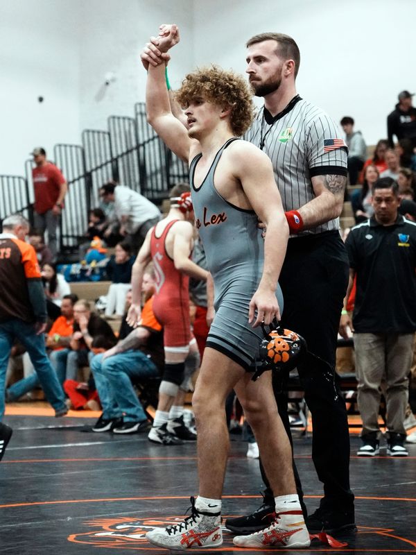 Tyson Spicer, of New Lexington, won the 144-pound title during the Muskingum Valley League Wrestling Tournament on Saturday, Feb. 22, 2026, at New Lexington High School.
