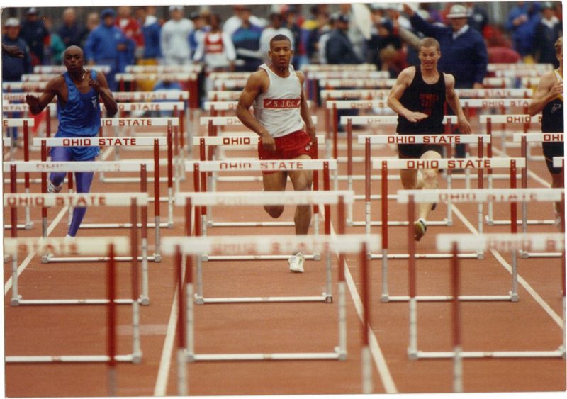 SJCC's Kevin Huntley, center, competes at the state track meet. He's a member of the Ohio Association of Track and Cross Country Coaches Hall of Fame.