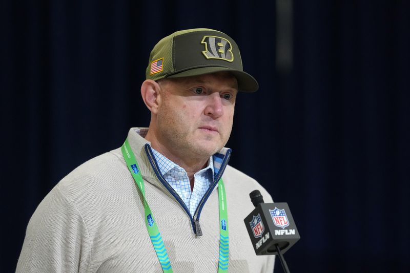 Feb 24, 2026; Indianapolis, IN, USA; Cincinnati Bengals general manager Duke Tobin speaks at the NFL Scouting Combine at the Indiana Convention Center. Mandatory Credit: Kirby Lee-Imagn Images