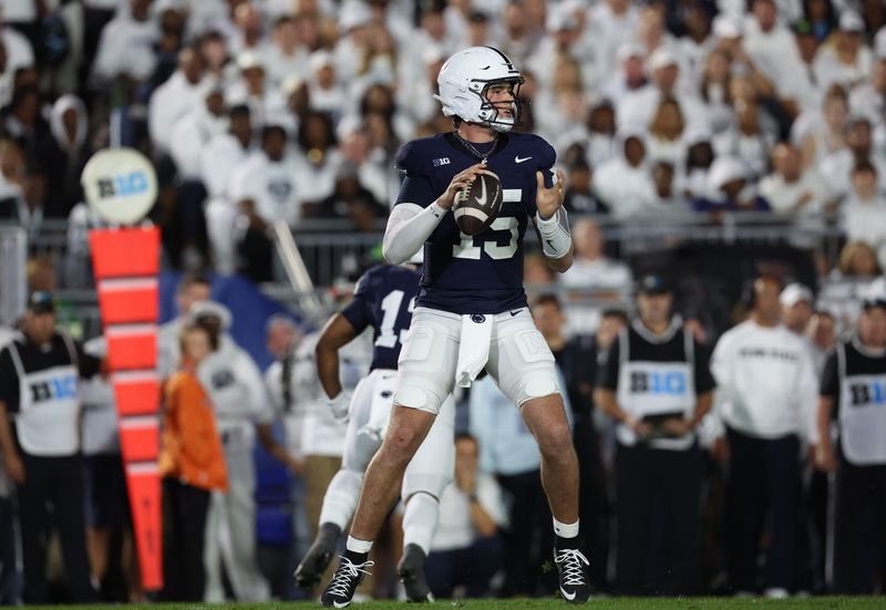Sep 27, 2025; University Park, Pennsylvania, USA; Penn State Nittany Lions quarterback Drew Allar (15) throws during the first quarter against the Oregon Ducks at Beaver Stadium. Mandatory Credit: Matthew O'Haren-Imagn Images