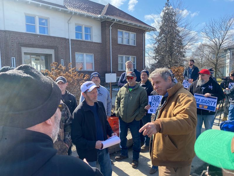 Former U.S. Sen. Sherrod Brown, a Mansfield native, visited members of United Steelworkers Local 3057 on the picket line outside ArcelorMittal in Shelby.