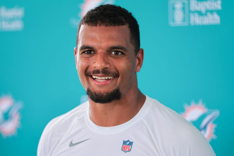 Jul 28, 2025; Miami Gardens, MI, USA; Miami Dolphins safety Minkah Fitzpatrick (29) speaks to reporters during training camp at Baptist Health Training Complex. Mandatory Credit: Sam Navarro-Imagn Images
