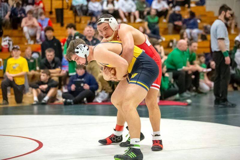 Port Clinton's Malakii Pinkelton controls Woodmore's Michael Seeger in the 190 pound championship match.