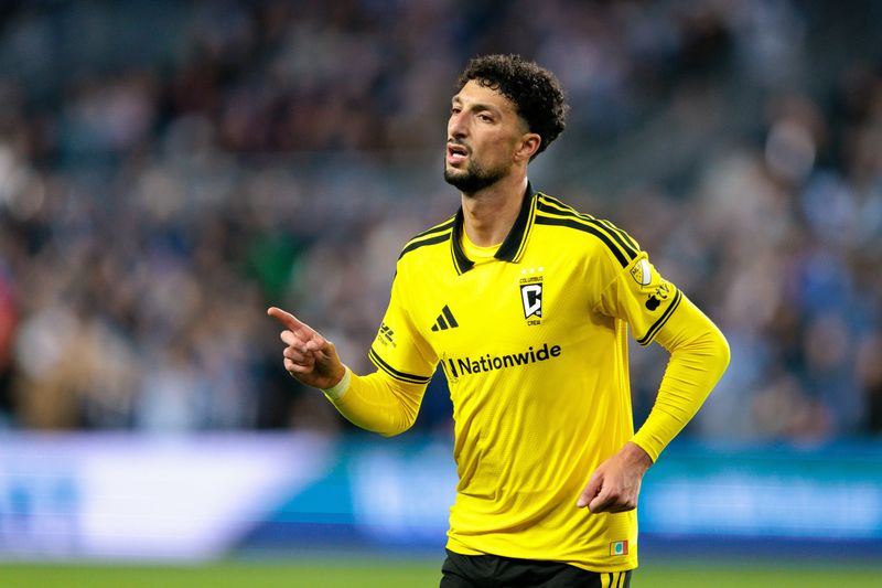 Crew forward Wessam Abou Ali reacts after scoring a goal against Sporting Kansas City on Feb. 28.