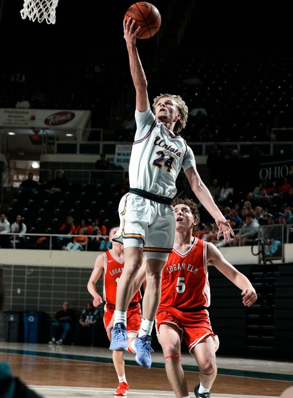 Nathan Zickafoose goes in for a layup during the first half of a 48-22 win against Logan Elm in a Division IV district semifinal on Sunday, March, 1, 2026, at the Ohio Convocation Center. Zickafoose was part of a defense that allowed just 11 second-half points.