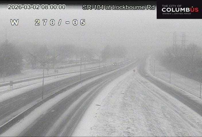 Falling snow causes low visibility on State Route 104 on Columbus' South Side on March 2.