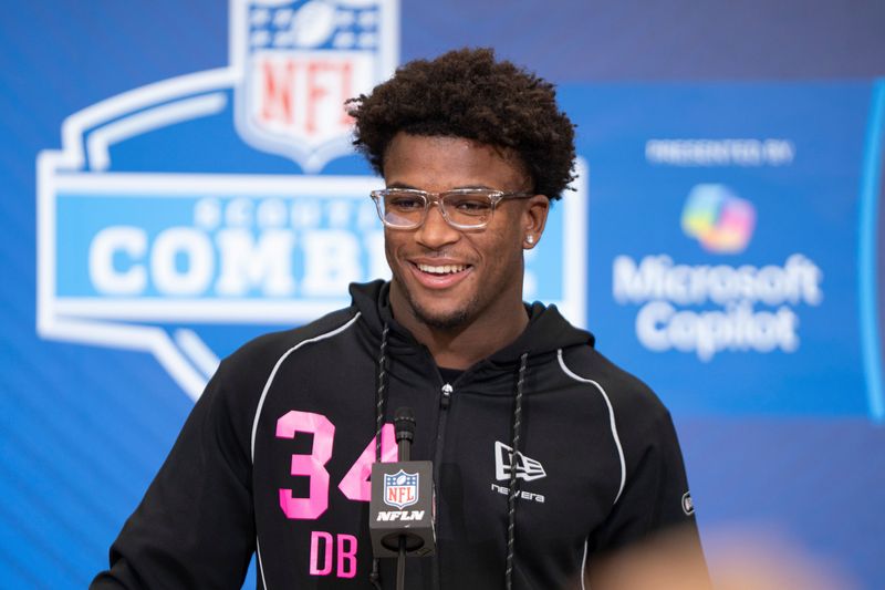 Feb 26, 2026; Indianapolis, IN, USA; Ohio State defensive back Caleb Downs (DB34) speaks to members of the media during the NFL Combine at the Indiana Convention Center. Mandatory Credit: Jacob Musselman-Imagn Images