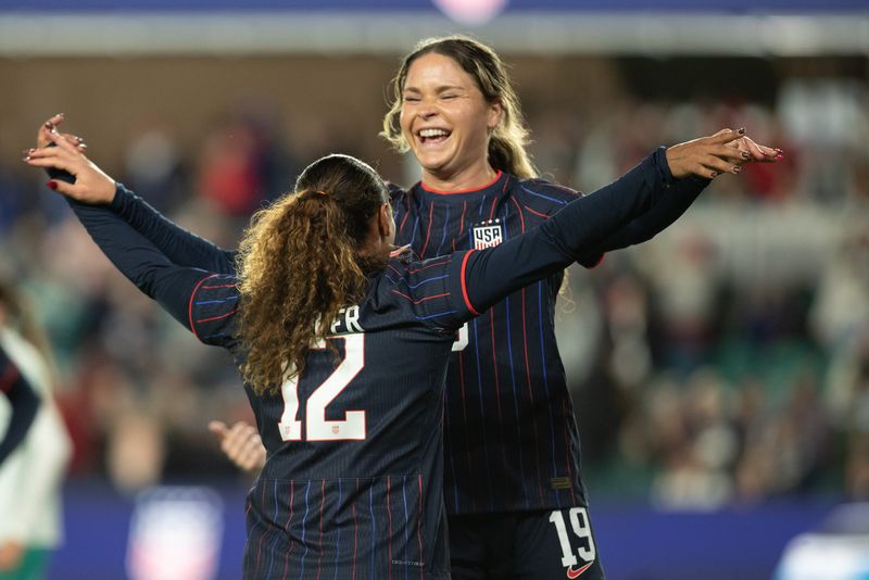 USA forward Emma Sears celebrates one of her three goals against New Zealand on Oct. 29, 2025, at CPKC Stadium.