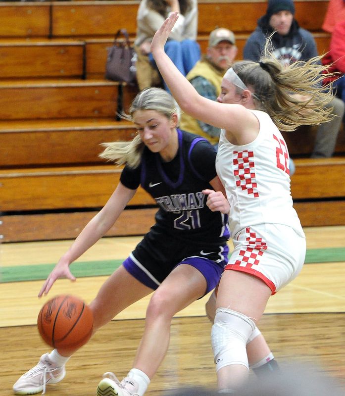 Norwayne's Courtney Cline looks to close down a drive by Triway's Sydney Frank. Norwayne's defense was smothering all game.