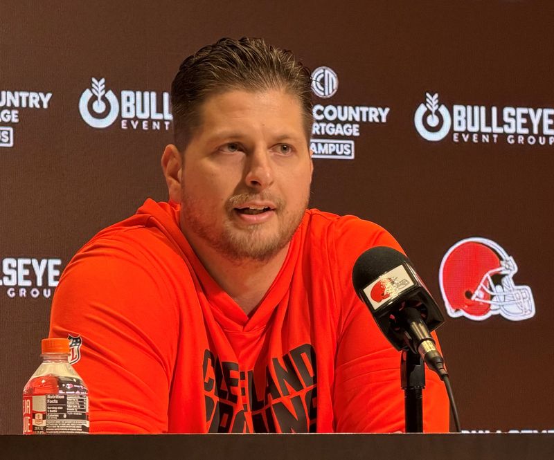 New Cleveland Browns offensive coordinator Travis Switzer talks to the media, Wednesday, March, 4, 2026.