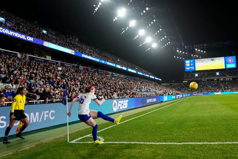 United States midfielder Rose Lavelle takes a corner kick against Canada during the SheBelieves Cup at ScottsMiracle-Gro Field on March 4. The United States won 1-0.