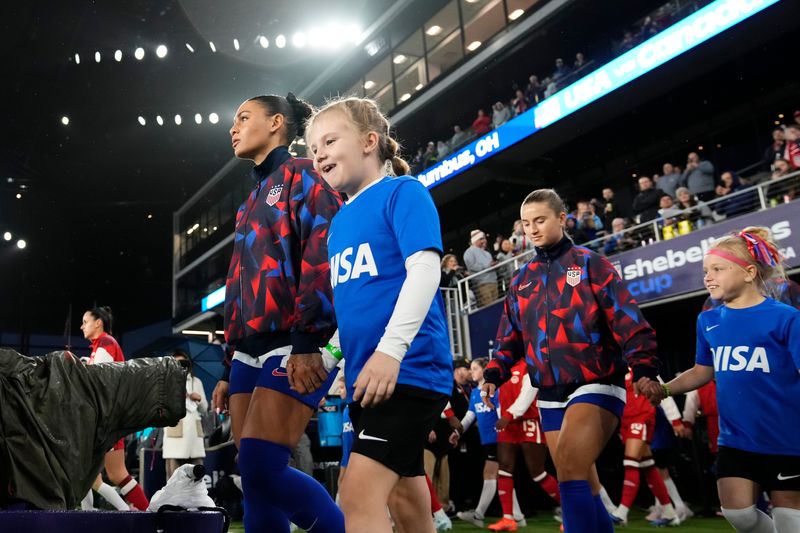 United States forward Trinity Rodman (2) takes the field during the SheBelieves Cup against Canada at ScottsMiracle-Gro Field in Columbus on March 4, 2026. The United States won 1-0.
