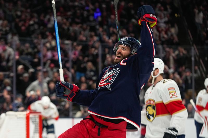 Columbus Blue Jackets center Boone Jenner (38) celebrates after scoring a goal against the Florida Panthers in the third period at Nationwide Arena on Thursday, March 5, 2026 in Columbus, Ohio.