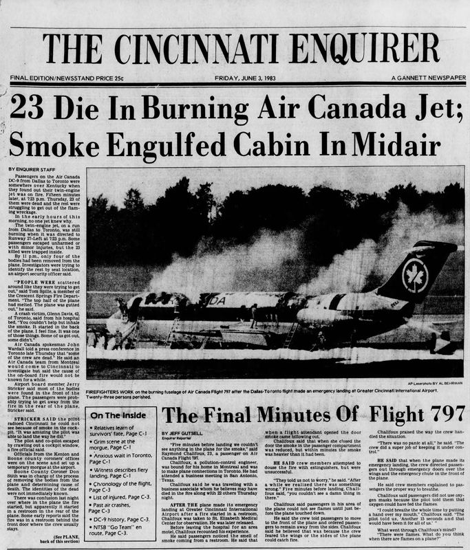 The front page of The Cincinnati Enquirer on June 3, 1983, reports on 23 deaths when Air Canada Flight 797 burned up after making an emergency landing at the Greater Cincinnati International Airport.
