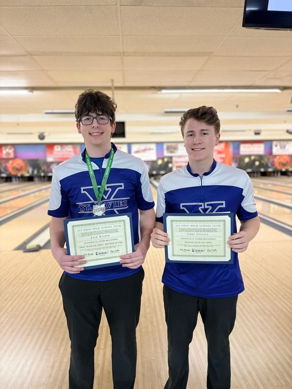 St. Xavier bowlers Jack Kaiser (left) and Luke Stigall were All-Ohio performers at the OHSAA state final. Kaiser rolled a 715 to finish second overall and Stigall finished in sixth place.
