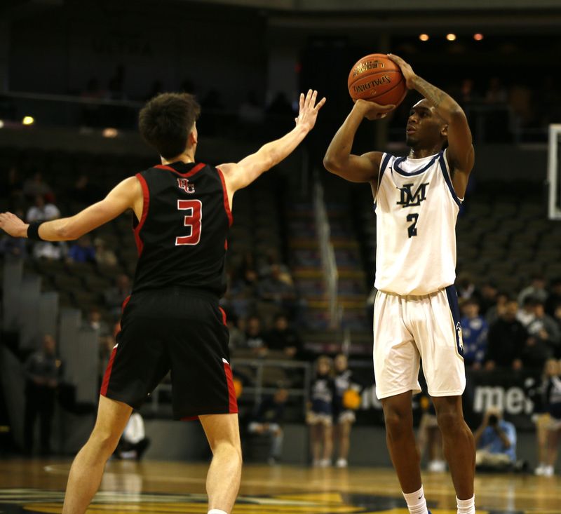 Lloyd senior Anthony Blaackar (2) shoots a 3 against Holy Cross senior Luke Arlinghaus (3) as Lloyd defeated Holy Cross in the KHSAA Ninth Region quarterfinals March 7, 2026, at NKU's Truist Arena.