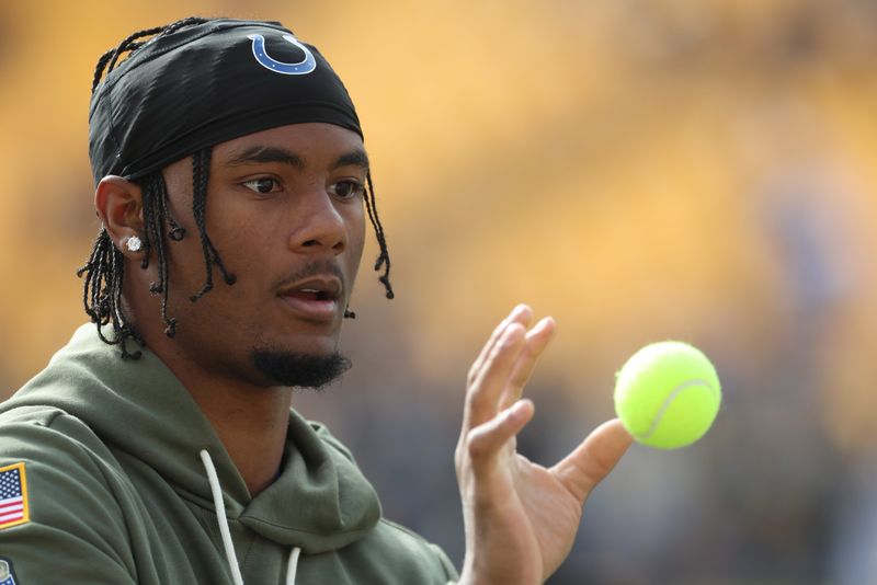 Nov 2, 2025; Pittsburgh, Pennsylvania, USA; Indianapolis Colts safety Nick Cross (20) warms up before the game against the Pittsburgh Steelers at Acrisure Stadium. Mandatory Credit: Charles LeClaire-Imagn Images
