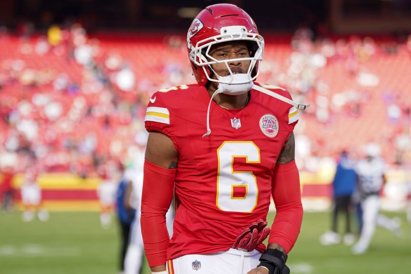 Nov 23, 2025; Kansas City, Missouri, USA; Kansas City Chiefs safety Bryan Cook (6) takes the field against the Indianapolis Colts for warm ups prior to a game at GEHA Field at Arrowhead Stadium. Mandatory Credit: Denny Medley-Imagn Images