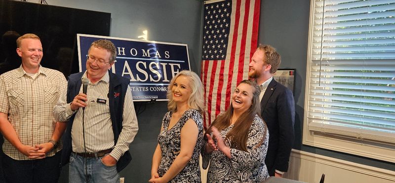 U.S. Rep. Thomas Massie, R-Garrison, spoke to supporters at a primary day election party in 2024.
