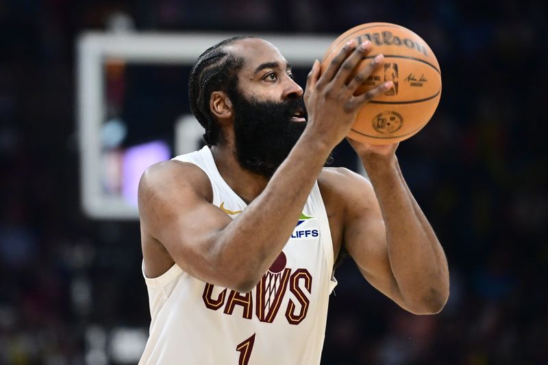 Cavaliers guard James Harden shoots against the Philadelphia 76ers during the second half, March 9, 2026, in Cleveland.