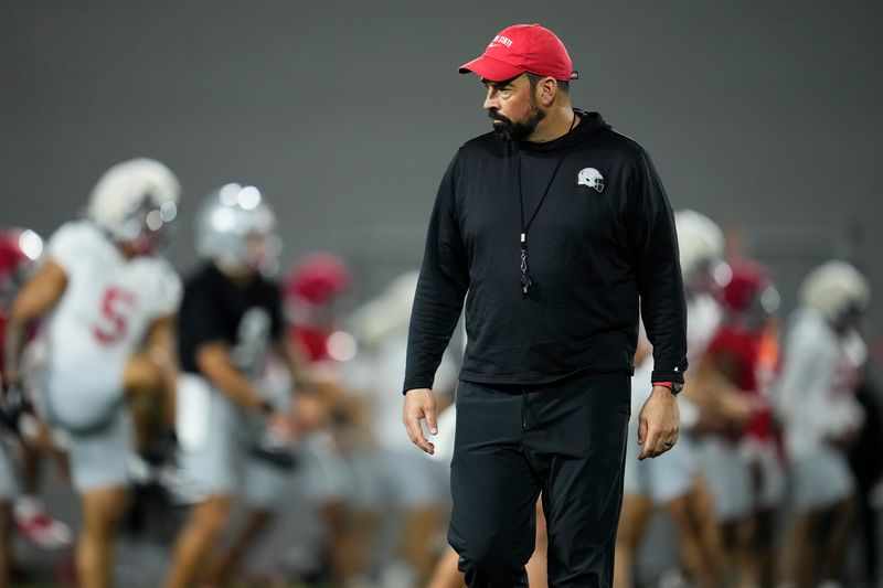 Ohio State coach Ryan Day leads practice on March 10.