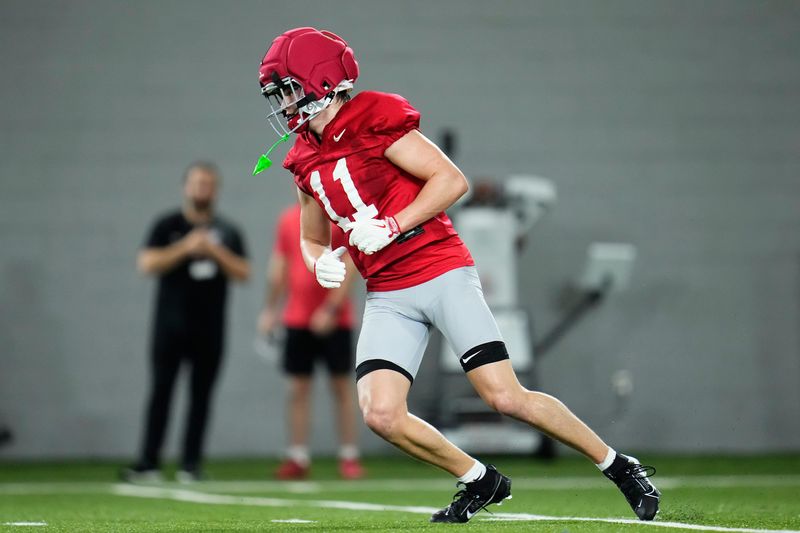 Ohio State Buckeyes wide receiver Brock Boyd (11) runs during the first day of spring workouts for the 2026 football season at Woody Hayes Athletic Complex in Columbus on March 10, 2026.