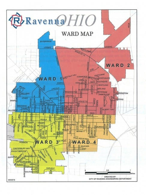 This map shows Ravenna's wards, which have been in place since the 1970s. Because of the addition of housing developments and population shifts, two of the wards have hundreds more residents than the other two wards.