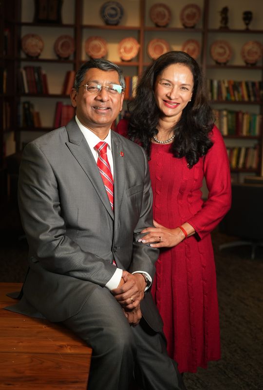 Ravi Bellamkonda and wife Lalita Kaligotla after he was introduced as the new Ohio State University President March 12, 2026.
