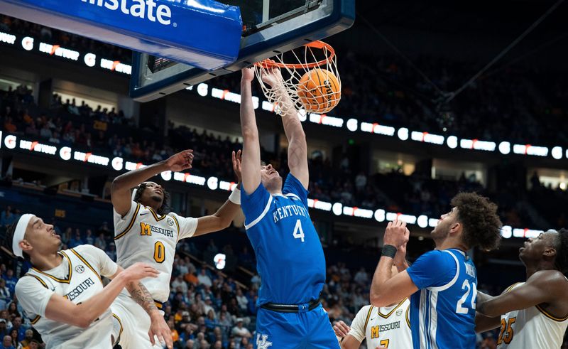 Kentucky forward Andrija Jelavic (4) dunks against Missouri during their Day 2 2026 SEC Menâ€™s Basketball Tournament game at Bridgestone Arena in Nashville, Tenn., Thursday, March 12, 2026.