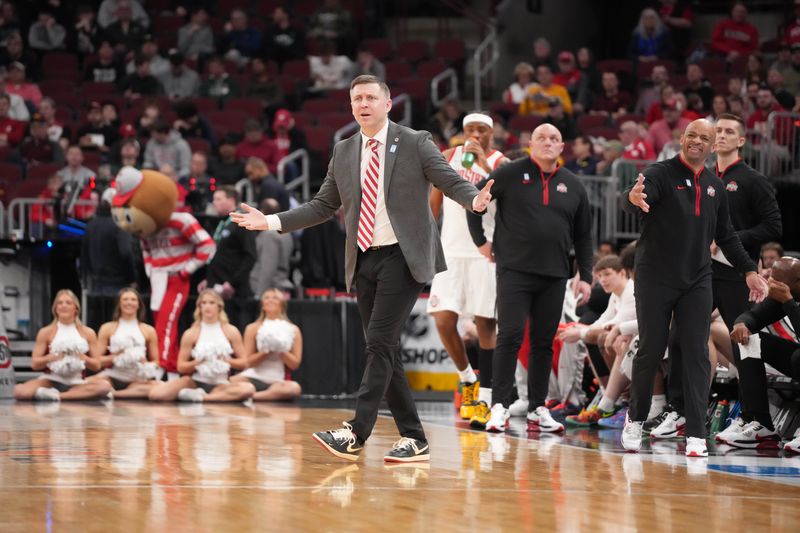 Mar 12, 2026; Chicago, IL, USA; Ohio State Buckeyes head coach Jake Diebler gestures against the Iowa Hawkeyes during the second half at United Center. Mandatory Credit: David Banks-Imagn Images