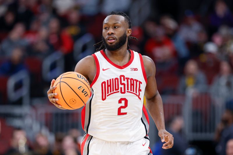 Mar 12, 2026; Chicago, IL, USA; Ohio State Buckeyes guard Bruce Thornton (2) brings the ball up court against the Iowa Hawkeyes during the second half at United Center. Mandatory Credit: Kamil Krzaczynski-Imagn Images