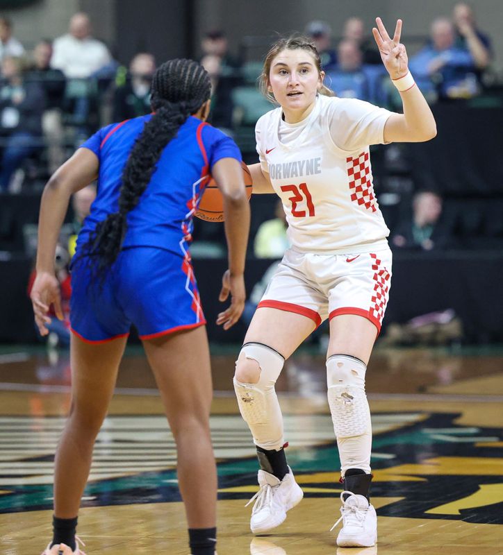 Norwayne's Allie DeMassimo directs traffic during the team's Division V state semifinal loss to Portsmouth on March 13, 2026 at Wright State University.