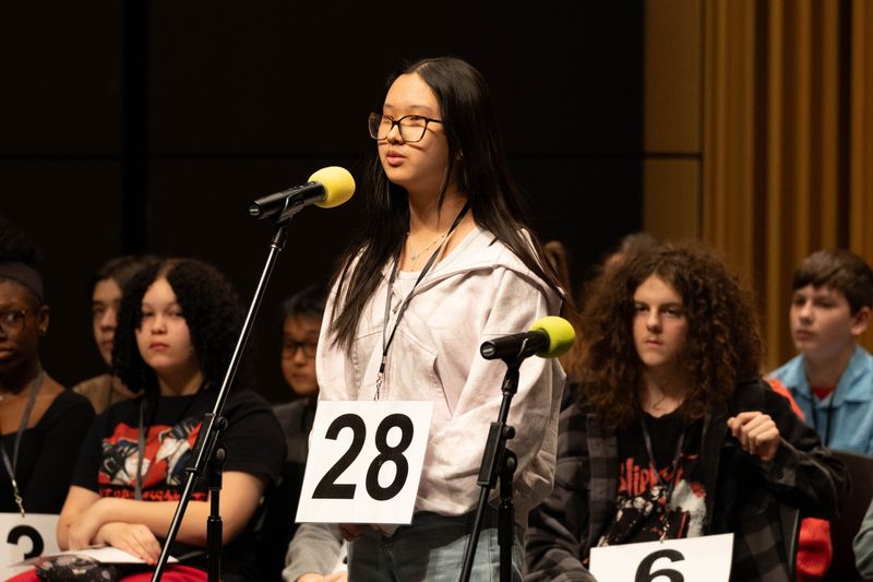 Esther Lin of Revere Middle School, seen during the 97th annual Akron Beacon Journal Regional Spelling Bee in March at the Akron Public Library, was eliminated after the first round of the Scripps National Spelling bee on May 26, 2026.