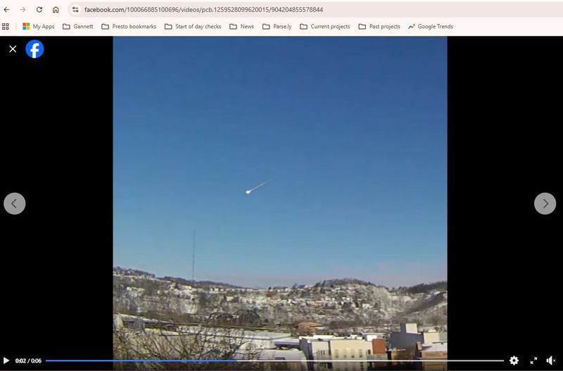 This screenshot from a video by National Weather Service employee Jared Rackley shows a fireball meteor streaking over the skies of Pennsylvania and Ohio on March 17, 2026.