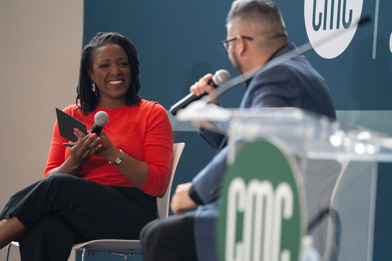 Sophia Fifner, president and CEO of the Columbus Metropolitan Club, moderates a discussion at the March 18 CMC with Mitch Menchaca, president and CEO of the Greater Columbus Arts Council.