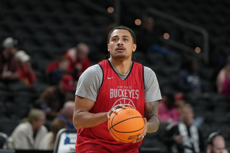 Mar 18, 2026; Greenville, SC, USA; Ohio State Buckeyes forward Devin Royal (21) during a practice session ahead of the first round of the men's 2026 NCAA Tournament at Bon Secours Wellness Arena. Mandatory Credit: Bob Donnan-Imagn Images