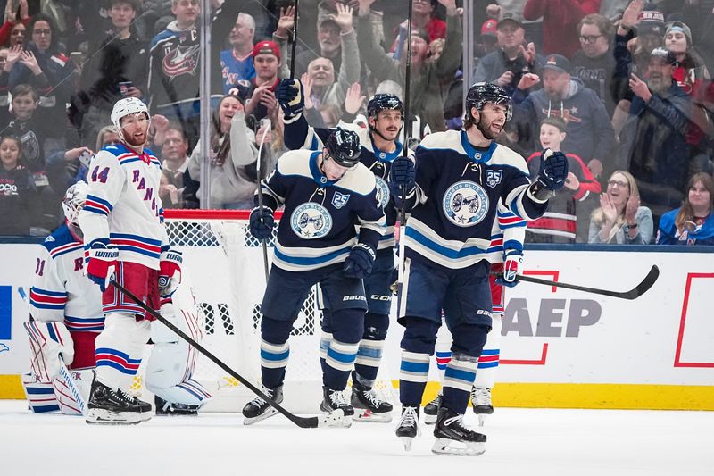 Columbus Blue Jackets center Adam Fantilli (19) celebrates a goal during the second period of the NHL game against the New York Rangers at Nationwide Arena in Columbus on March 19, 2026.